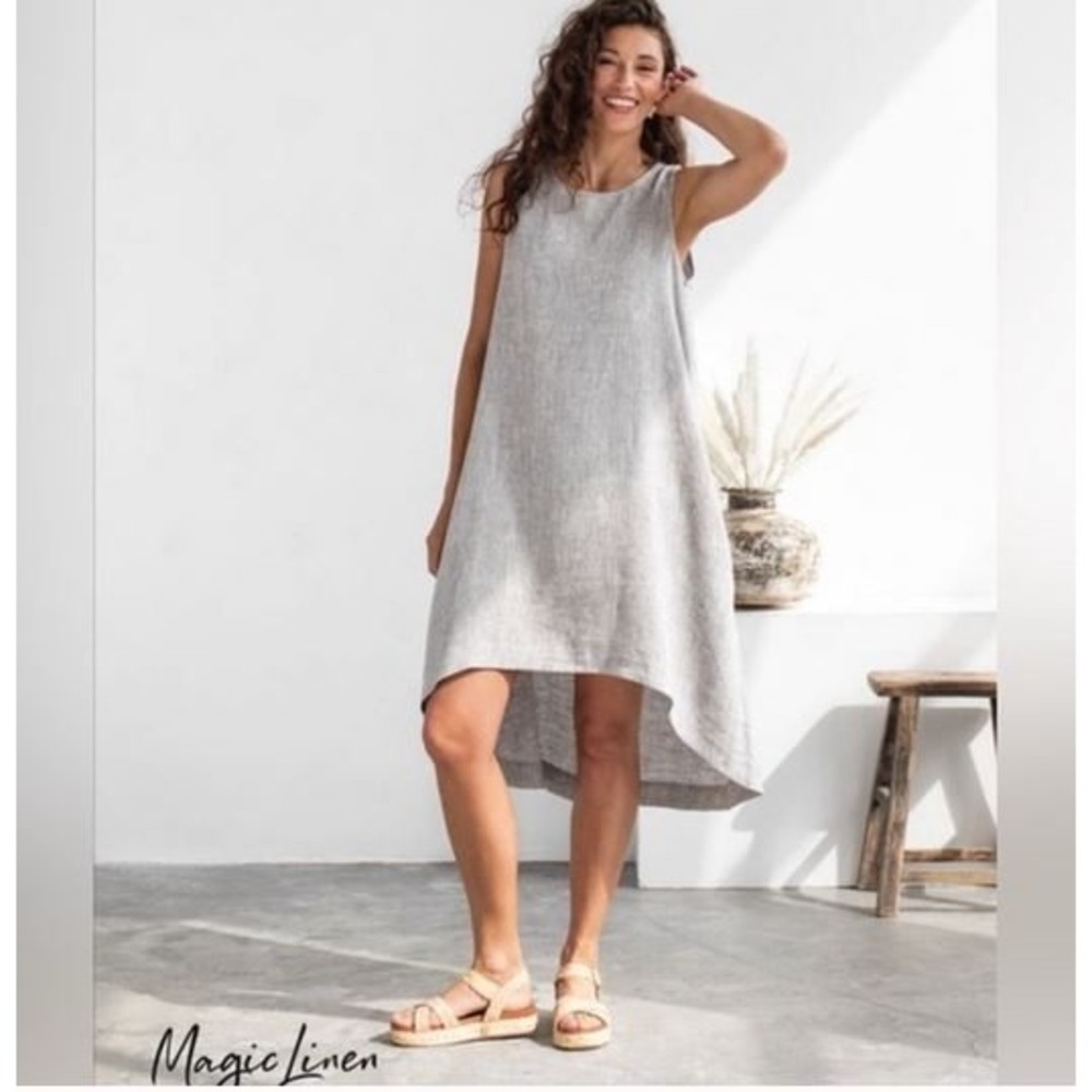 MagicLinen Womens XS Grey‎ High-Low Linen Sleeveless Dress Pockets Lagenlook
